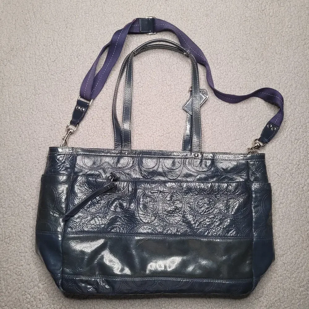 Coach Bag Patent Leather Shiny Navy Blue Tote Diaper Baby Lined Pockets Tote